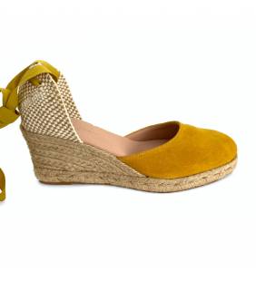 Zapatilla cuña yute mujer 60mm. piel ocre