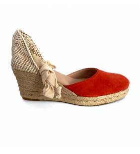 Zapatilla cuña yute mujer 60mm. piel rojo coral